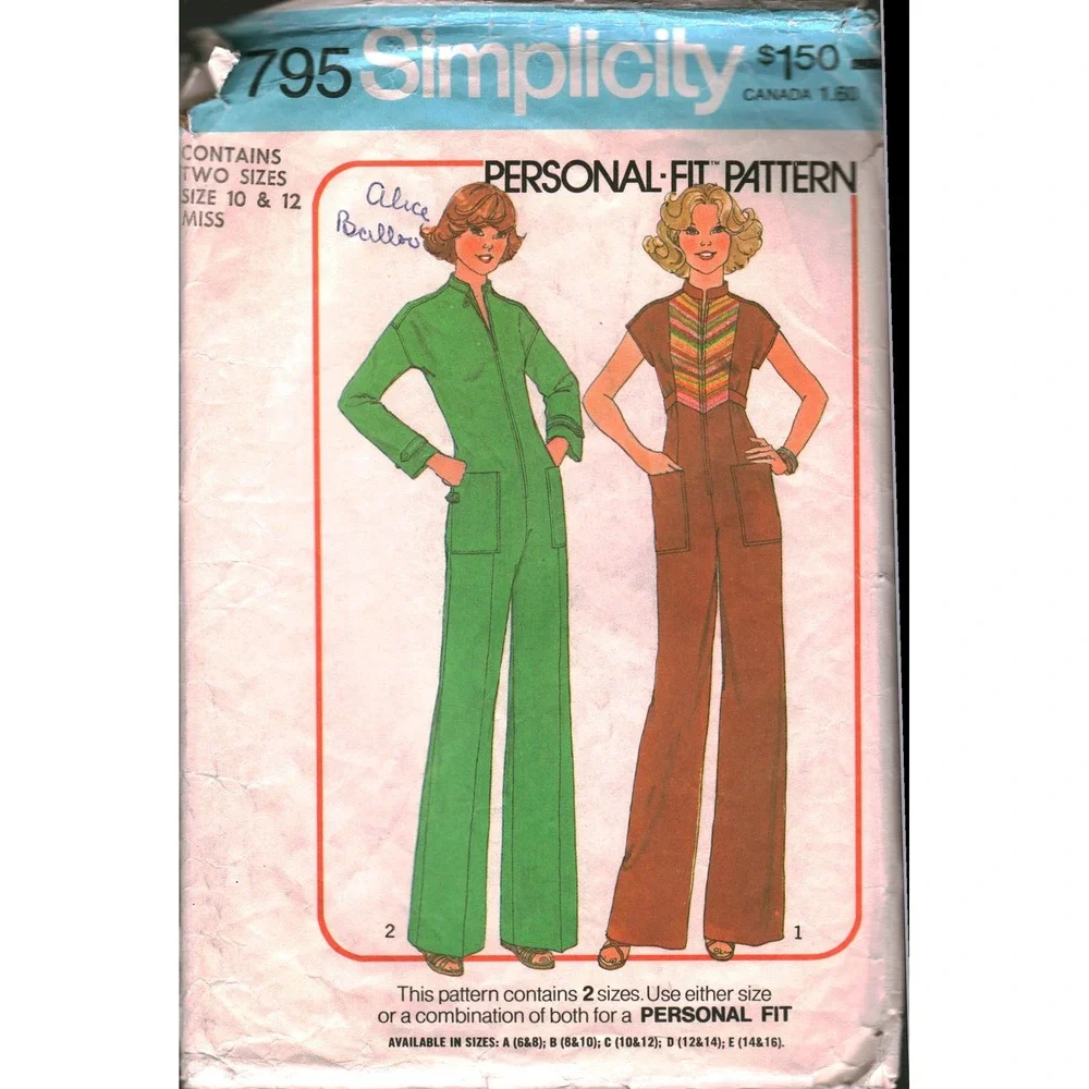 Vintage Simplicity 7795 Sewing Pattern 70s Jumpsuit Misses Size 10 12 Retro Boho